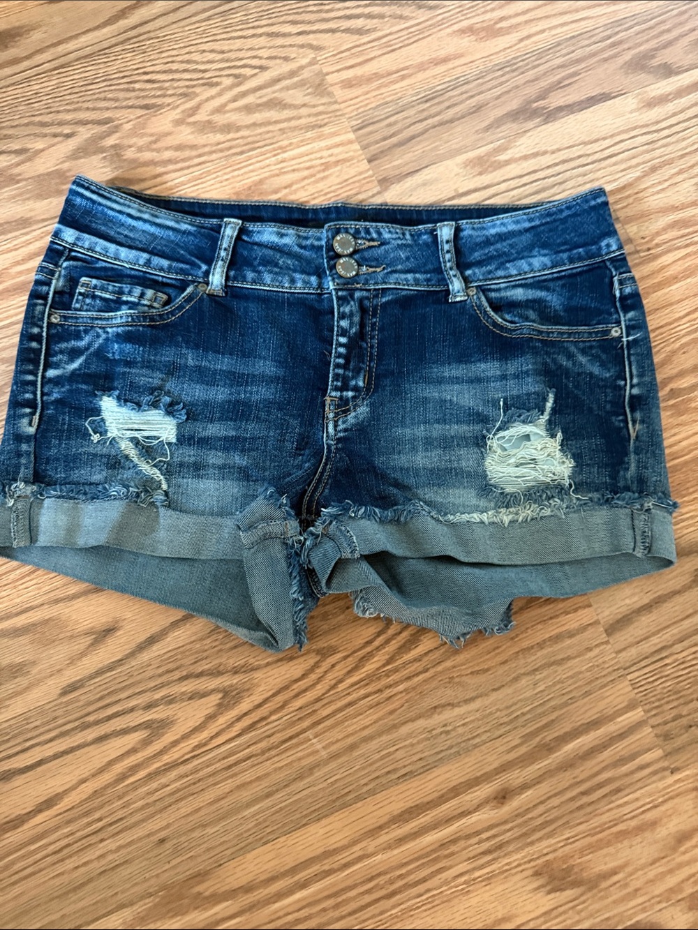 Wax Jean Dark Blue Distressed Rolled-Hem Denim Shorts
